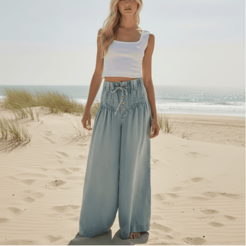 Boho Beach Hut Jeans, Pants, Denim Jeans, Palozzo Jeans Boho Full Length Palazzo Jeans Light Blue / S