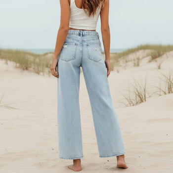 Boho Beach Hut Jeans, Pants, Denim Jeans, Washed Bleached Jeans, Flare Leg Jeans Boho High Waist Ripped Wide Leg Jeans