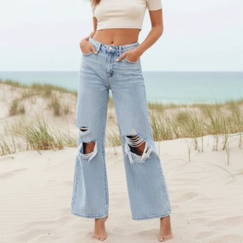 Boho Beach Hut Jeans, Pants, Denim Jeans, Washed Bleached Jeans, Flare Leg Jeans Boho High Waist Ripped Wide Leg Jeans Light Blue / S