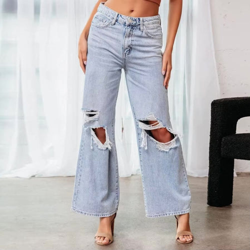 Boho Beach Hut Jeans, Pants, Denim Jeans, Washed Bleached Jeans, Flare Leg Jeans Boho High Waist Ripped Wide Leg Jeans Light Blue / S