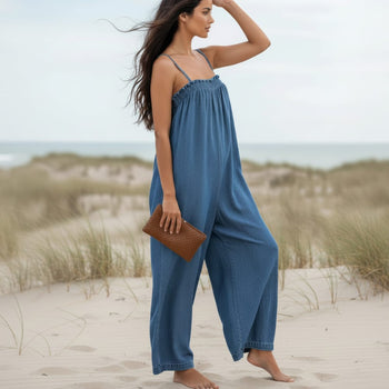 Boho Beach Hut Jumpsuit, Denim Jumpsuit, Rompers Boho Oversized Wide Leg Denim Jumpsuit