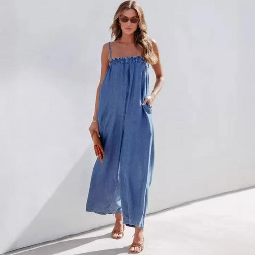 Boho Beach Hut Jumpsuit, Denim Jumpsuit, Rompers Boho Oversized Wide Leg Denim Jumpsuit Blue / S