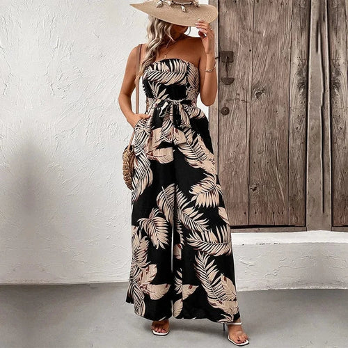 Boho Beach Hut Jumpsuit, Romper, Floral Jumpsuit Boho Floral Print Sleeveless Jumpsuit Black / S