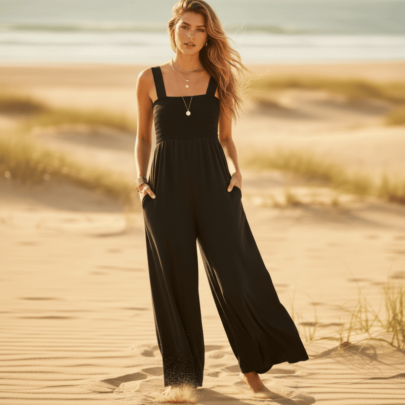 Boho Jumpsuit Square Neckline Wide Leg in Black