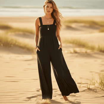 Boho Beach Hut Jumpsuits, Romper Boho Sleeveless Loose Wide Leg Romper Jumpsuit Black / S