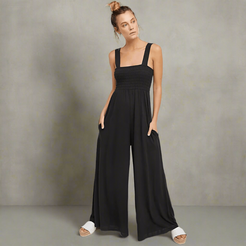 Boho Beach Hut Jumpsuits, Romper Boho Sleeveless Loose Wide Leg Romper Jumpsuit Black / S