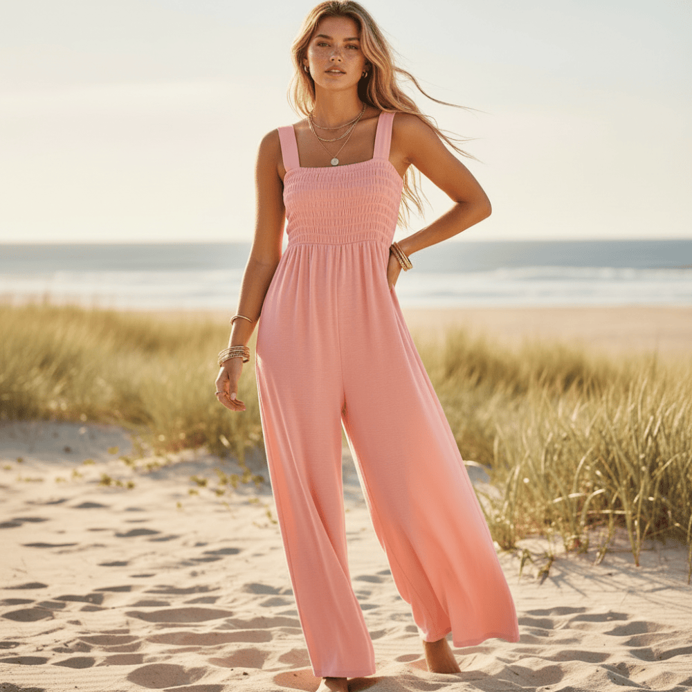 Jumpsuit Sleeveless Wide Leg Square Neckline Blue Boho