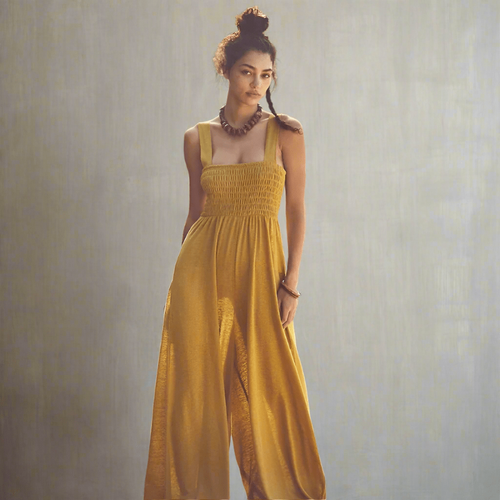 Boho Beach Hut Jumpsuits, Romper Boho Sleeveless Loose Wide Leg Romper Jumpsuit Yellow / S