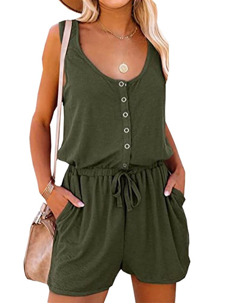 Boho Beach Hut Jumpsuits, Romper, Playsuit Army Green / S Sleeveless Button Up Romper