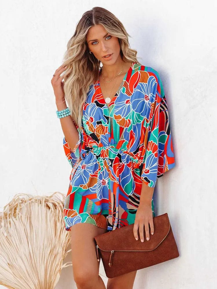 Boho Beach Hut Jumpsuits, Romper, Playsuit Boho Floral Print Romper Blue / S