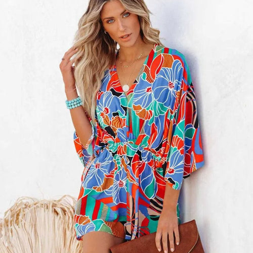 Boho Beach Hut Jumpsuits, Romper, Playsuit Boho Floral Print Romper Blue / S