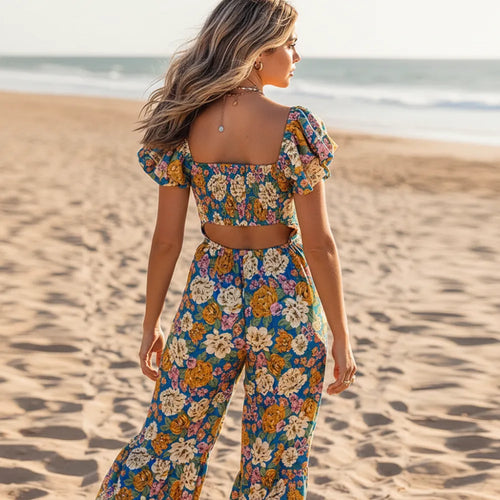 Boho Beach Hut Jumpsuits, Romper, Playsuit Boho Floral Wide Leg Jumpsuit