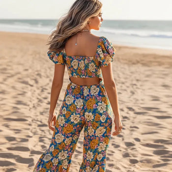 Boho Beach Hut Jumpsuits, Romper, Playsuit Boho Floral Wide Leg Jumpsuit