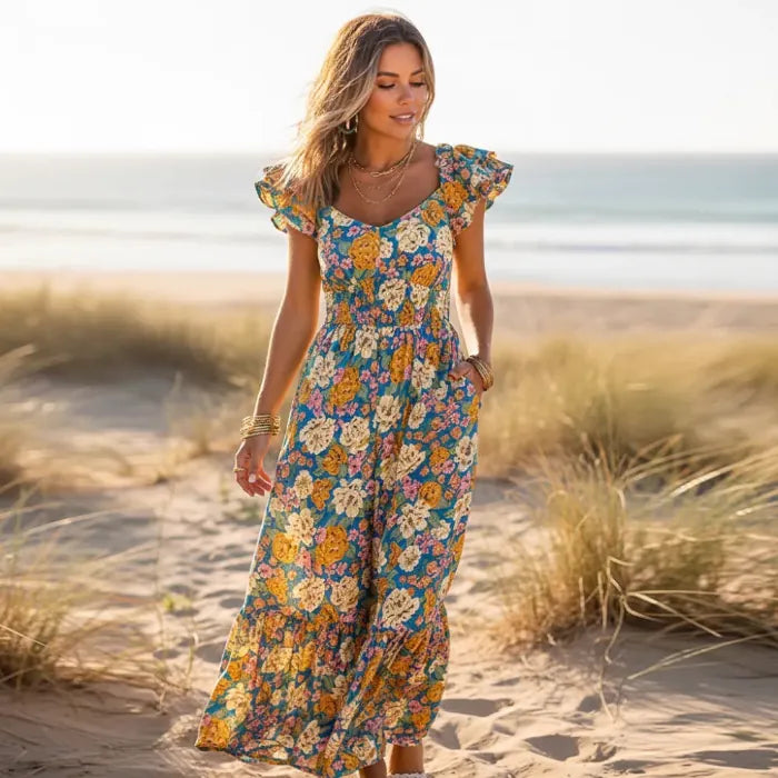 Woman wearing a blue and yellow floral boho jumpsuit with a sweetheart neckline, flutter sleeves, smocked bodice, high waist, wide-leg cropped pants, ruffle hems, and side pockets.