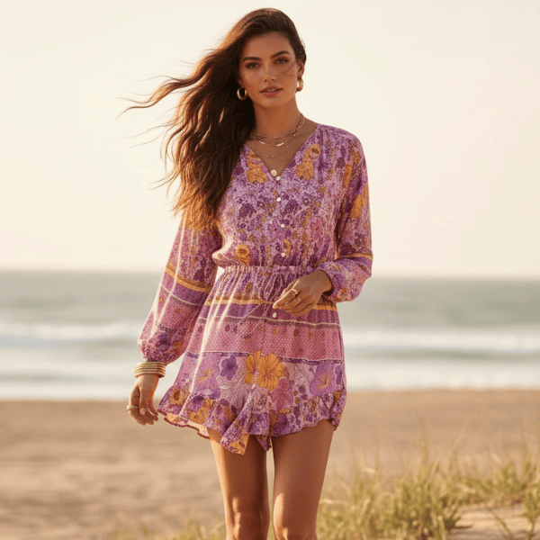Woman wearing a pink floral boho romper with long balloon sleeves, decorative button-front V-neckline, tassel drawstring waist, and ruffled shorts.