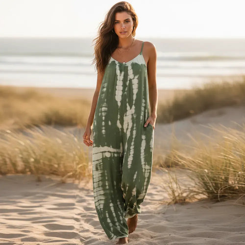 Boho Beach Hut Jumpsuits, Romper, Playsuit Boho Wide Leg Jumpsuit Green / S