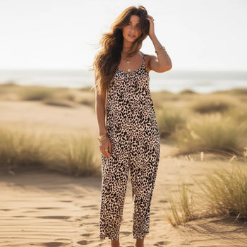 Boho Beach Hut Jumpsuits, Romper, Playsuit Boho Wide Leg Jumpsuit Leopard / S