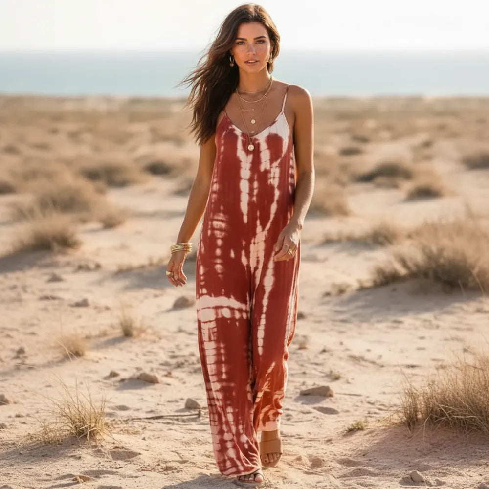 Boho Beach Hut Jumpsuits, Romper, Playsuit Boho Wide Leg Jumpsuit Red / S