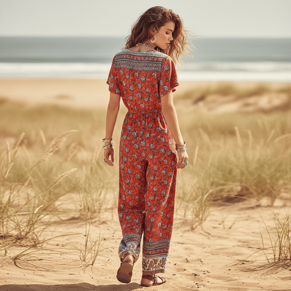 Back of woman wearing a Red Crimson Bloom boho floral wide leg jumpsuit with pockets featuring a rayon cotton blend, V-neckline, short flutter sleeves, adjustable drawstring waist, front button detail, and wide-leg pants.