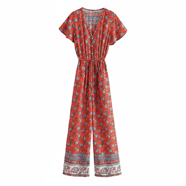 Red Crimson Bloom boho floral wide leg jumpsuit with pockets featuring a rayon cotton blend, V-neckline, short flutter sleeves, adjustable drawstring waist, front button detail, and wide-leg pants.