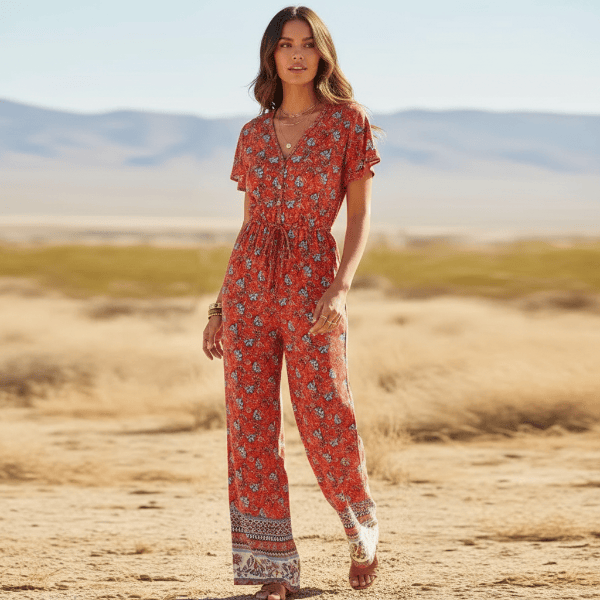 Woman wearing a Red Crimson Bloom boho floral wide leg jumpsuit with pockets featuring a rayon cotton blend, V-neckline, short flutter sleeves, adjustable drawstring waist, front button detail, and wide-leg pants.