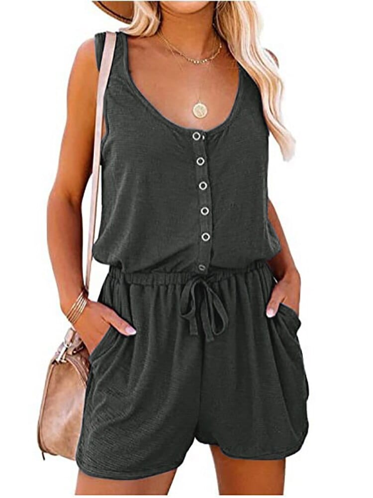 Boho Beach Hut Jumpsuits, Romper, Playsuit Dark Gray / S Sleeveless Button Up Romper