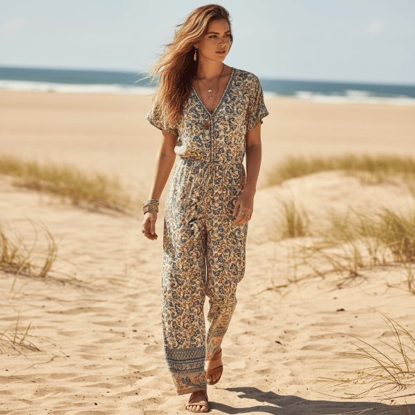 Woman wearing a Beige Boho Floral Wide Leg Jumpsuit with pockets featuring a breathable rayon-cotton blend, V-neckline, flutter sleeves, adjustable drawstring waist, front button detail, and neutral floral paisley print for vacation, resort wear, beach days, and casual summer outfits.