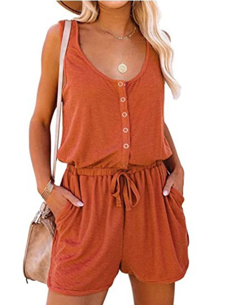 Boho Beach Hut Jumpsuits, Romper, Playsuit Orange / S Sleeveless Button Up Romper