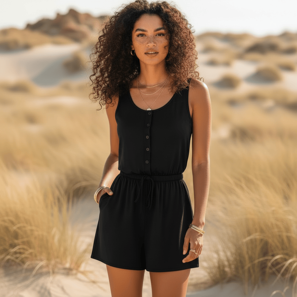 Woman wearing a black sleeveless cotton romper with a scoop neckline, button-front detail, drawstring waist, wide-leg shorts, and functional side pockets.