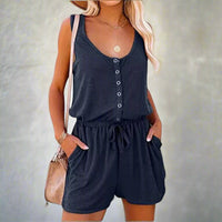 Boho Beach Hut Jumpsuits, Romper, Playsuit Sleeveless Button Up Romper Navy Blue / S