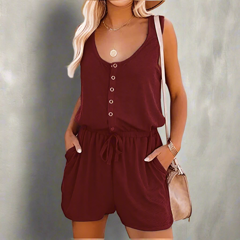 Boho Beach Hut Jumpsuits, Romper, Playsuit Sleeveless Button Up Romper Red / S