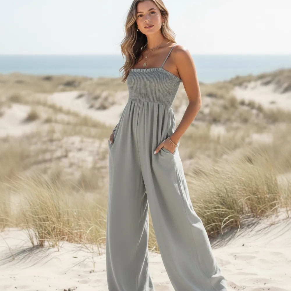 Jumpsuit Smocked Spaghetti Strap Wide-Leg Red
