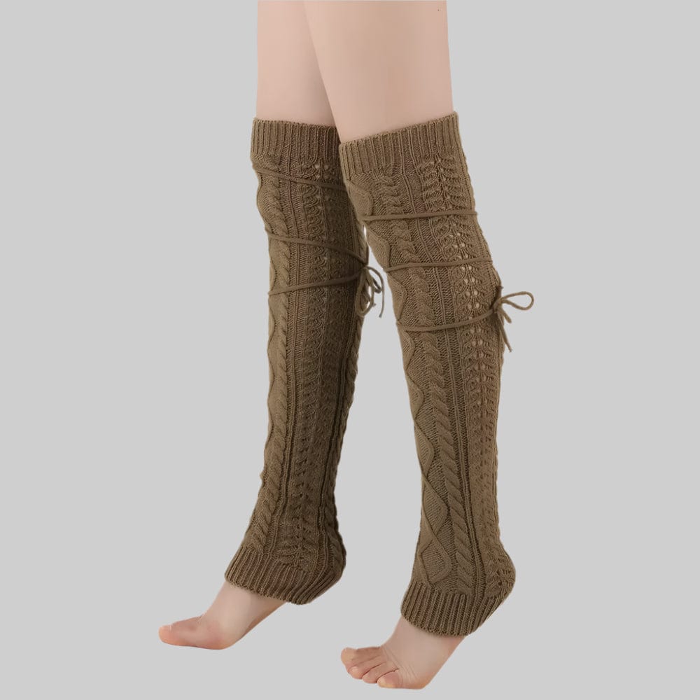 Boho Beach Hut Leg Warmers, Socks Long Knit Leg Warmers Dark Khaki / One Size