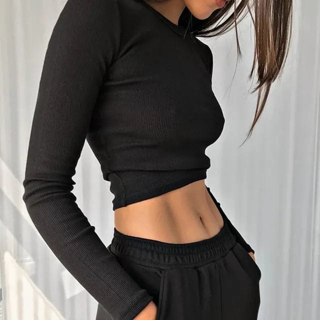 Boho Beach Hut Long Sleeve Crop Top Black / S Ribbed Long Sleeve Casual Crop Top Shirt