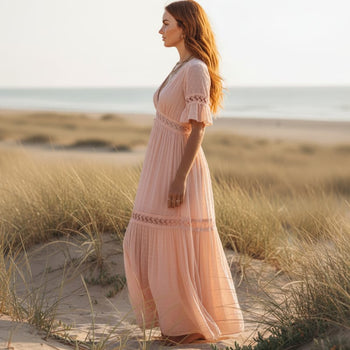 Boho Beach Hut Maxi Dress, Chic Dress, Boho Dress, Summer Dress Blush Pink Boho Lace Maxi Dress