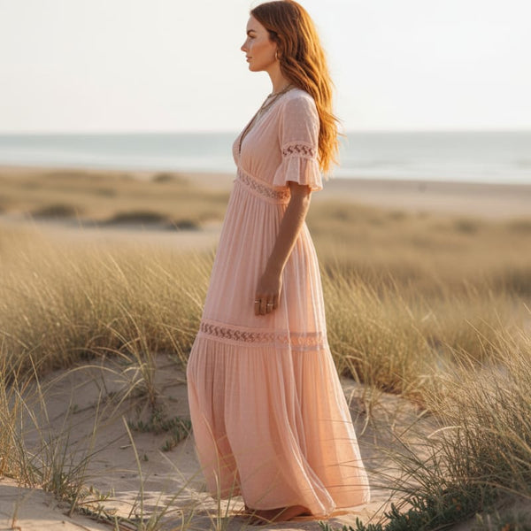 Boho Beach Hut Maxi Dress, Chic Dress, Boho Dress, Summer Dress Blush Pink Boho Lace Maxi Dress