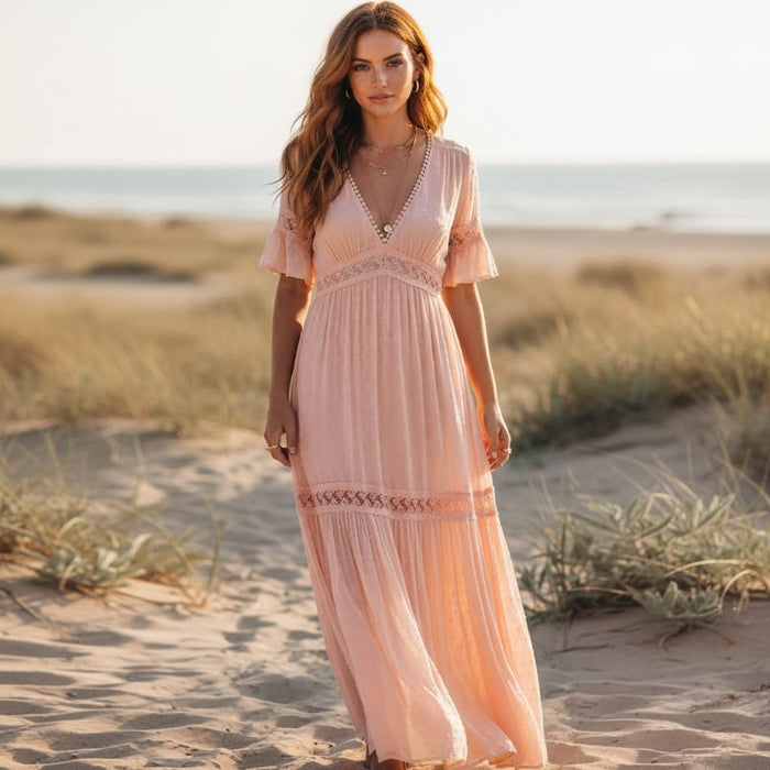 Boho Beach Hut Maxi Dress, Chic Dress, Boho Dress, Summer Dress Blush Pink Boho Lace Maxi Dress Pink / S