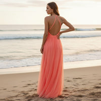 Maxi Dress Halter Backless Deep V Orange