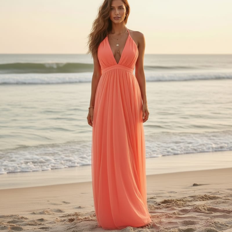 Boho Beach Hut Maxi Dress, Chic Dress, Boho Dress, Summer Dress Boho Backless Halter Maxi Dress Orange / S