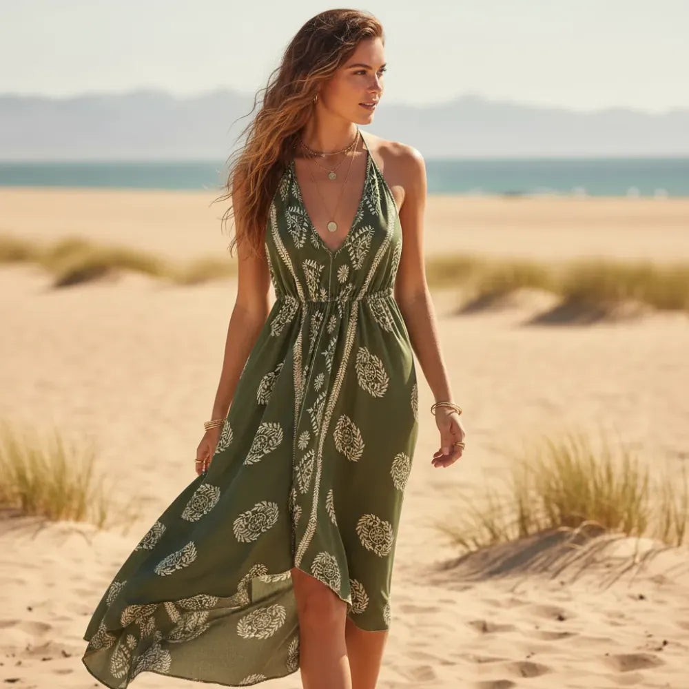 Boho Beach Hut Maxi Dress, Chic Dress, Boho Dress, Summer Dress Boho Floral High Low Maxi Dress Green / S