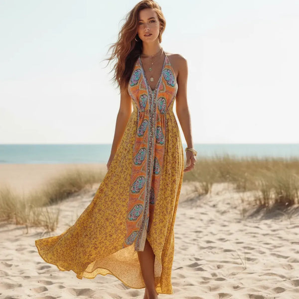 Boho Floral High Low Maxi Dress | Backless Halter Beach Dress in Mustard Yellow - Women's Boho Fashion A-line, Empire Waist, Flared
