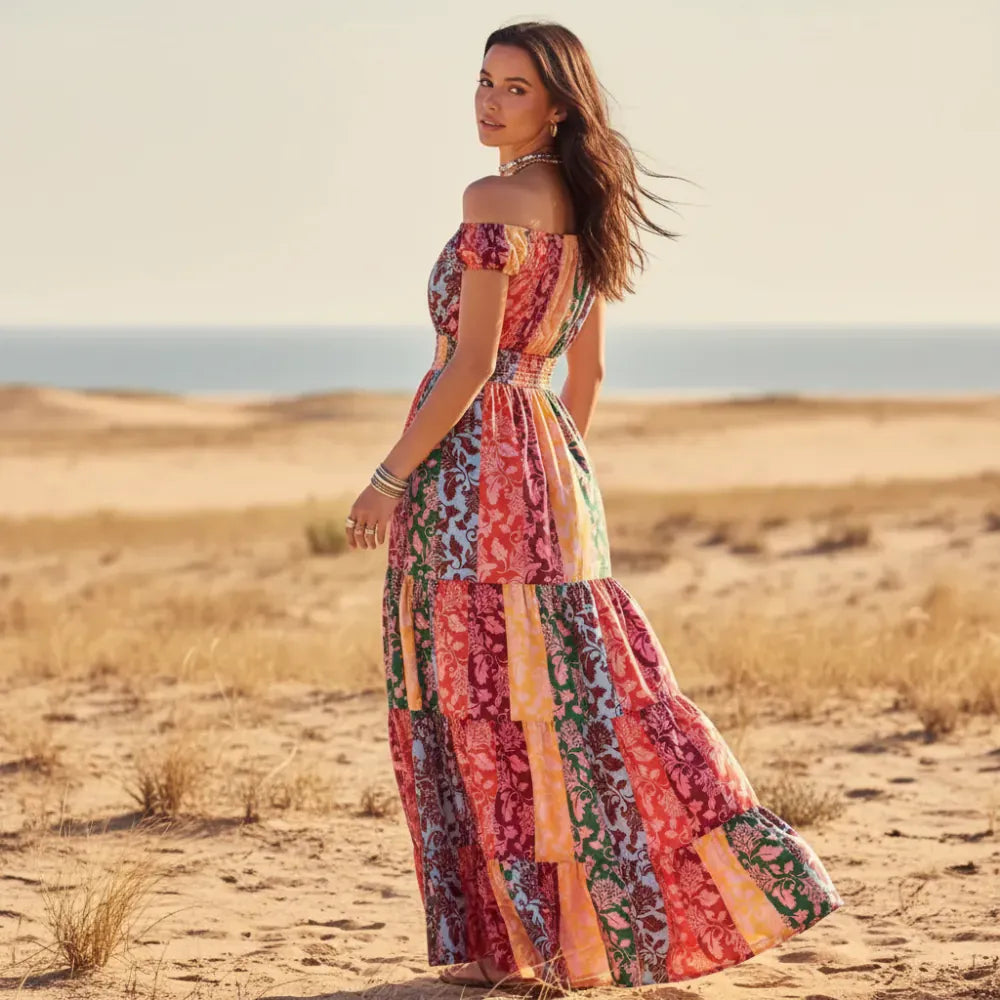 Boho Floral Patchwork Maxi Dress | Sleeveless A-Line Summer Dress in Red - Women's Boho Fashion A-Line
