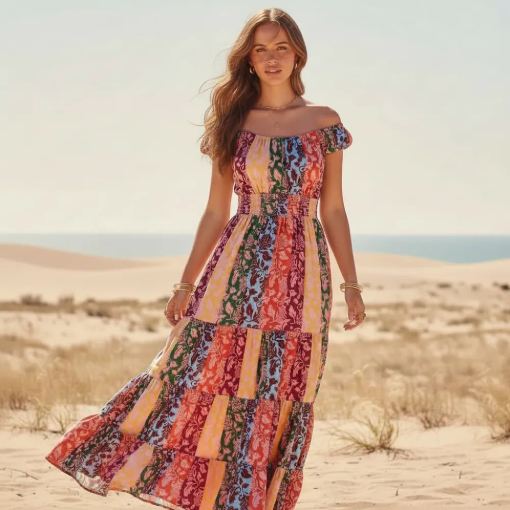 Colorful boho floral patchwork maxi dress with off-the-shoulder neckline, stretch waist and tiered skirt