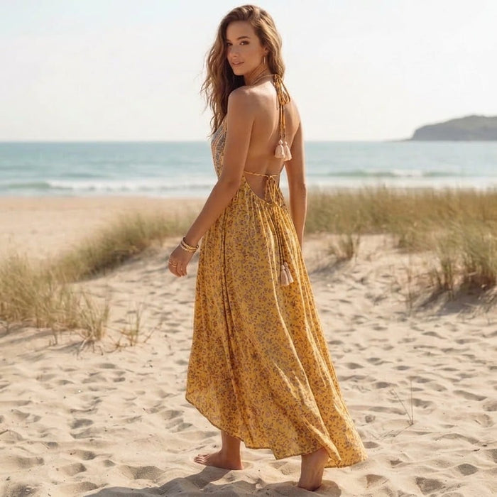 Boho Beach Hut Maxi Dress, Chic Dress, Boho Dress, Summer Dress Floral Halter High Low Maxi Dress