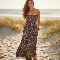Boho Beach Hut Maxi Dress, Chic Dress, Boho Dress, Summer Dress Summer Loose Fit Maxi Dress with Pockets Brown / S