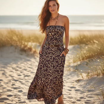 Boho Beach Hut Maxi Dress, Chic Dress, Boho Dress, Summer Dress Summer Loose Fit Maxi Dress with Pockets Brown / S