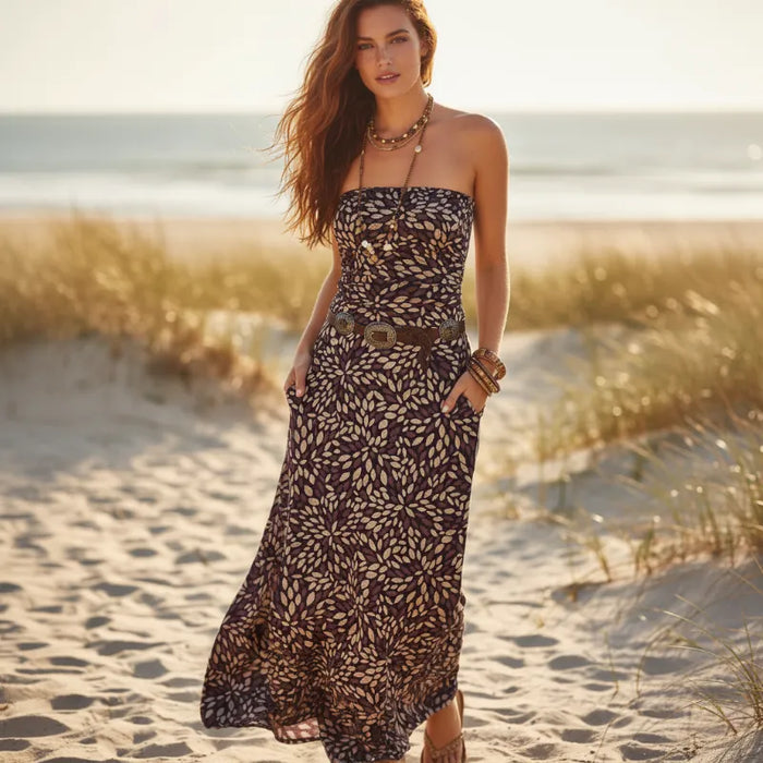 Boho Beach Hut Maxi Dress, Chic Dress, Boho Dress, Summer Dress Summer Loose Fit Maxi Dress with Pockets Brown / S