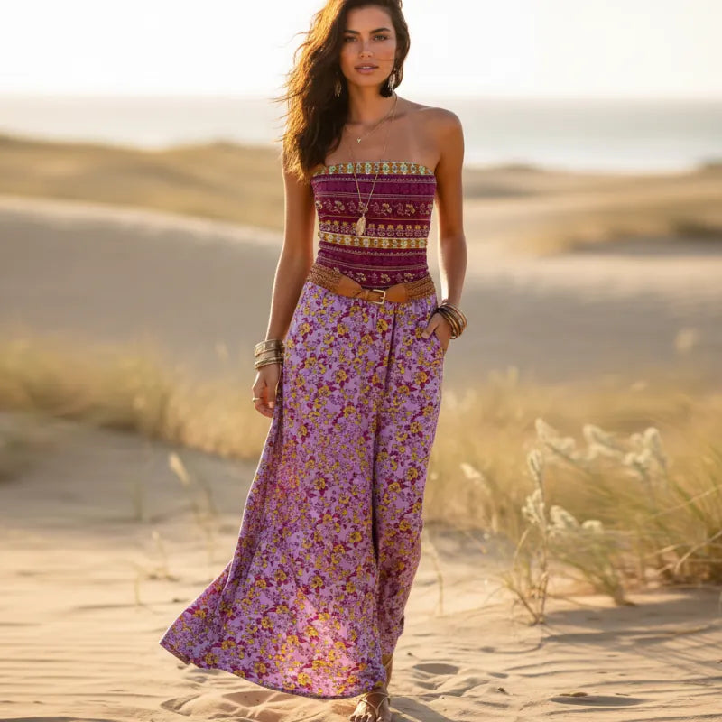 Purple floral boho bandeau maxi dress with strapless fitted top, flowy A-line skirt and side pockets