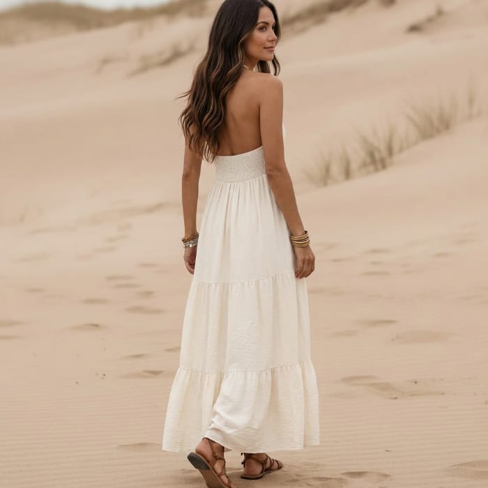 Boho Beach Hut Maxi Dress, Chic Dress, Boho Dress, Summer Dress, White Dress Boho Halter Open Back Maxi Dress
