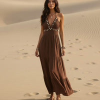 Boho Halter Maxi Dress with Open Back | Beach Vacation Dress in Brown | Women's Boho Fashion | S | Nylon, Viscose, Synthetic Boho Halter Maxi Dress with Open Back | Beach Vacation Dress in Brown | Women's Boho Fashion | S | Nylon, Viscose, Synthetic